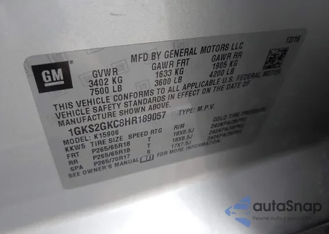 2017 GMC Yukon Xl Slt z USA, uszkodzony, nr VIN 1GKS2GKC8HR189057